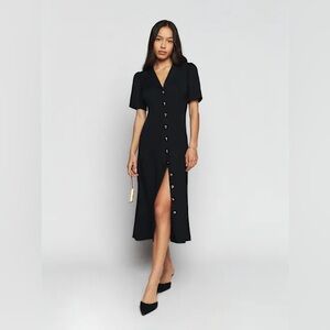 Reformation Wilde black midi dress with gold buttons